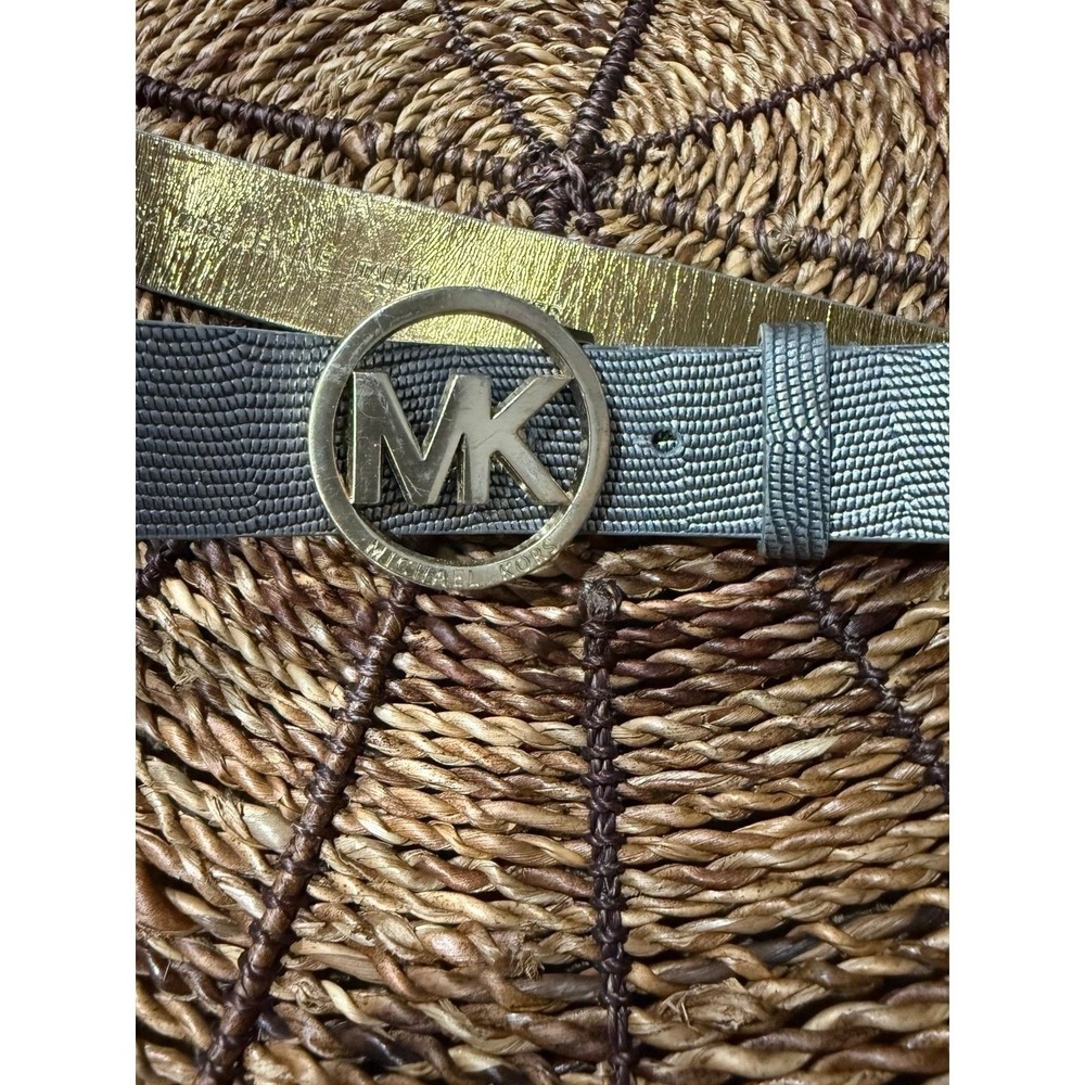 Michael Kors Logo Belt Leather Faux Croc Reptile Gray Silver‎ Tone Buckle L 39"